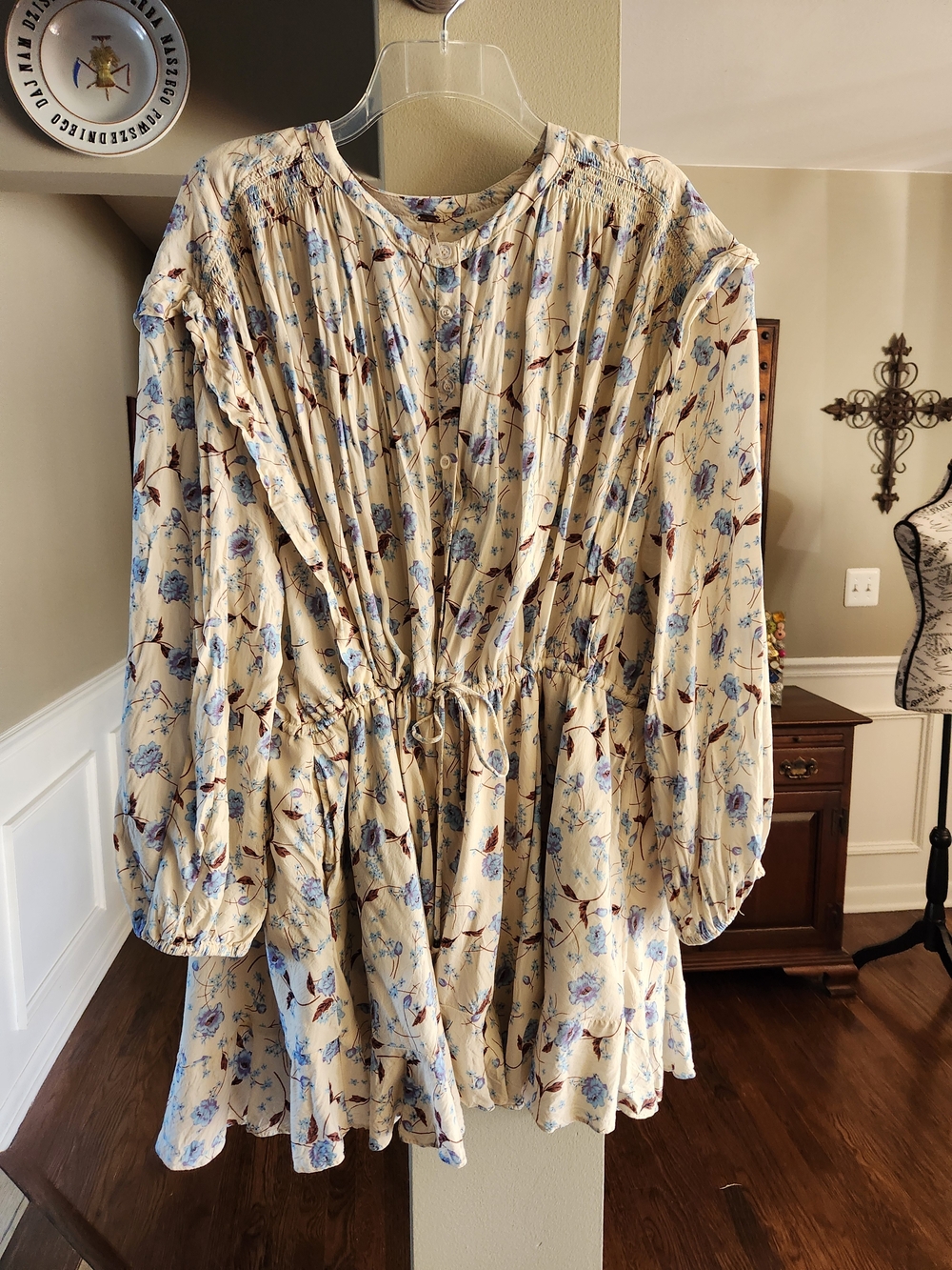Free People Cream Dress with Blue and Brown Floral Print Tie Waist Button Down